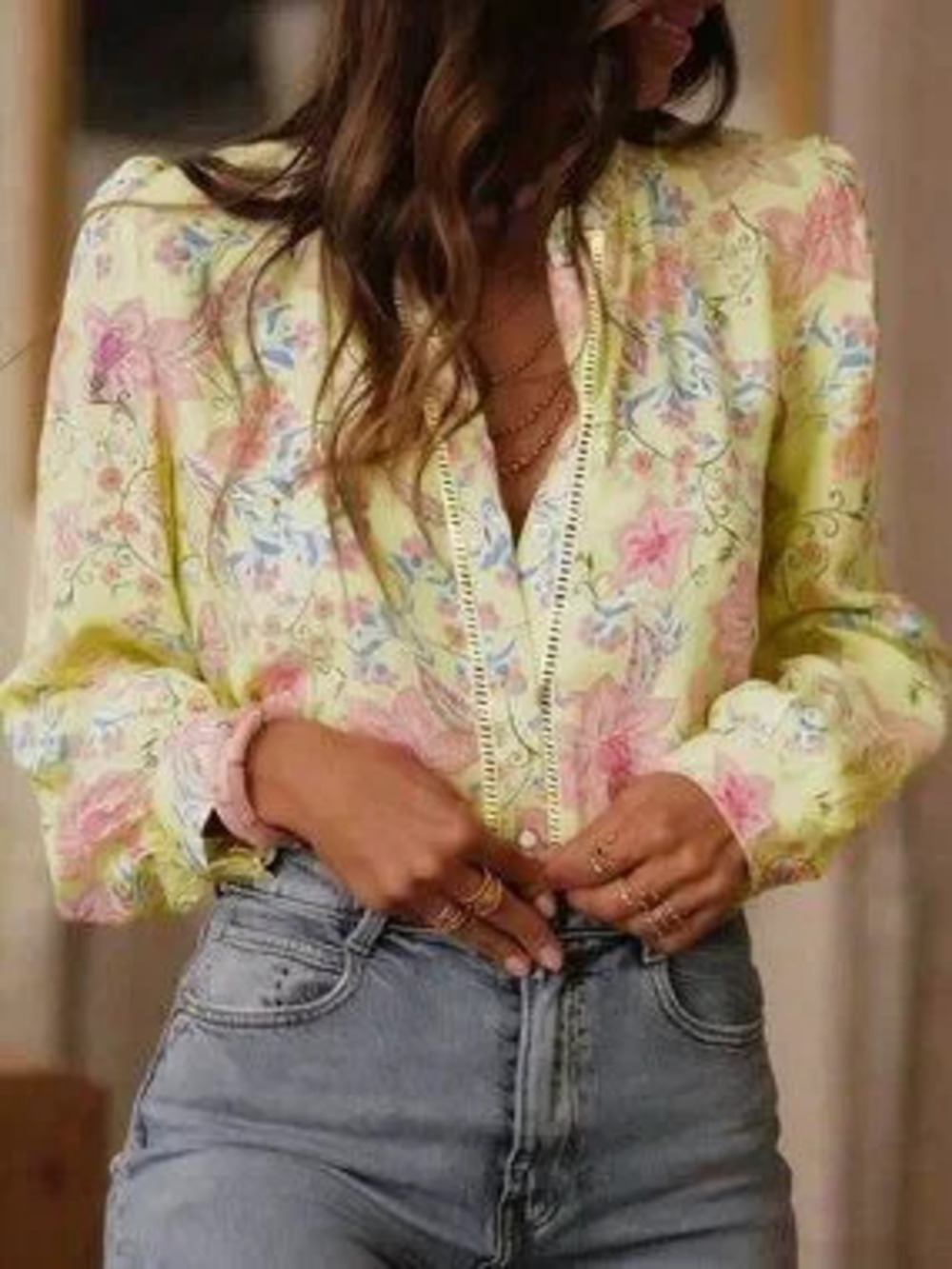 ZARA Yellow Boho Women's Floral Print Long Sleeve Stand Collar Blouse